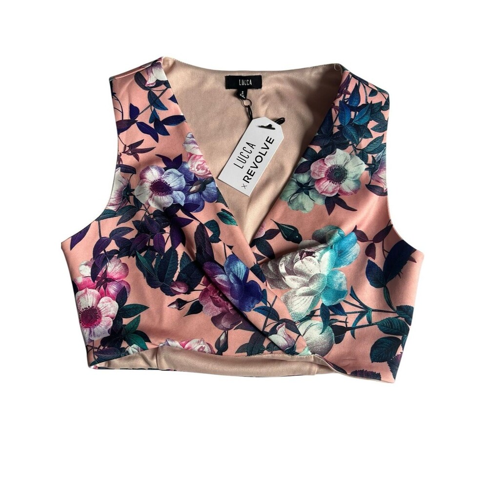 LUCCA x REVOLVE NET Floral Crop Top Small Pink Satin Sleeveless Stretch Bustier